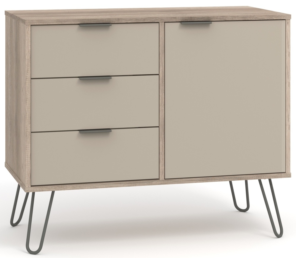 Product photograph of Acadia Driftwood 1 Door 3 Drawer Small Sideboard With Hairpin Legs from Choice Furniture Superstore.