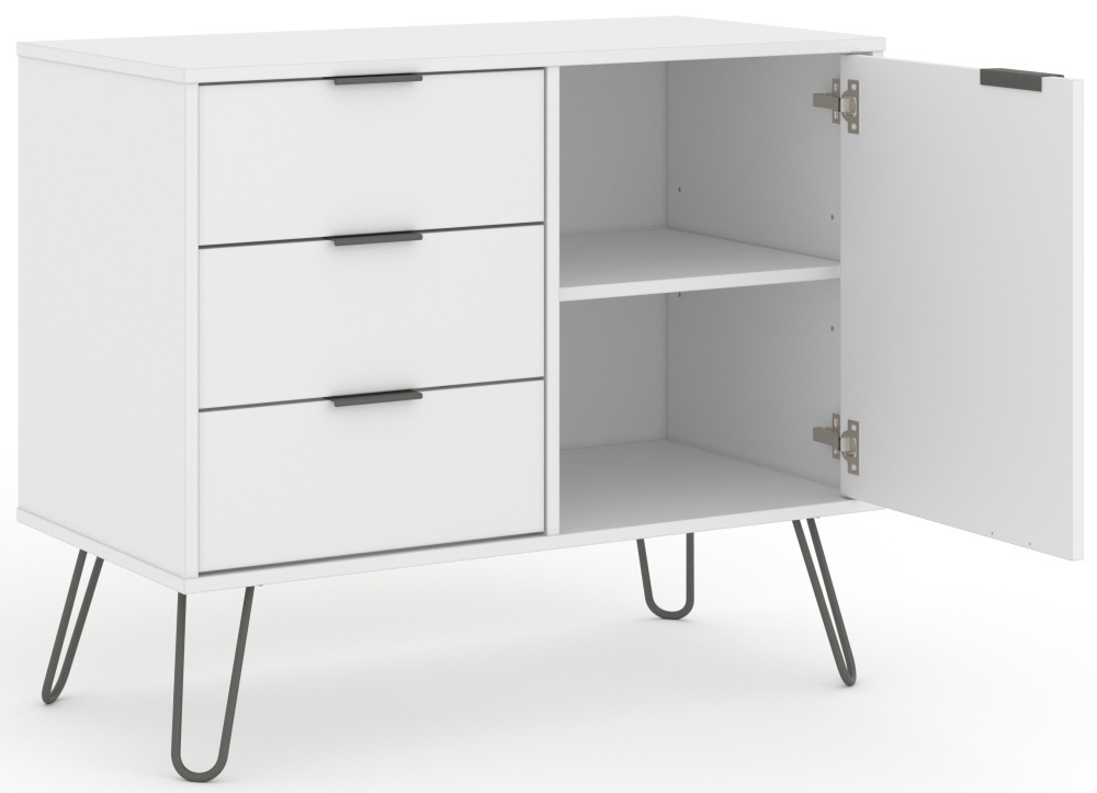 Product photograph of Acadia White 1 Door 3 Drawer Small Sideboard With Hairpin Legs from Choice Furniture Superstore.