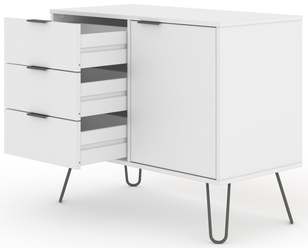 Product photograph of Acadia White 1 Door 3 Drawer Small Sideboard With Hairpin Legs from Choice Furniture Superstore.