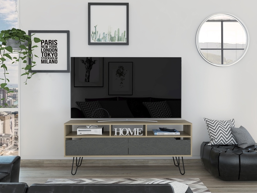 Product photograph of Aster Pine And Stone Effect Wide Tv Unit With Hairpin Legs from Choice Furniture Superstore.