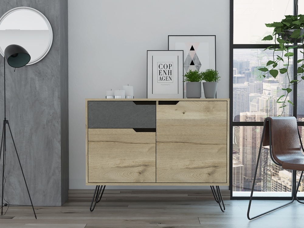 Product photograph of Manhattan Pine And Stone Effect 2 Door 1 Drawer Sideboard With Hairpin Legs from Choice Furniture Superstore.