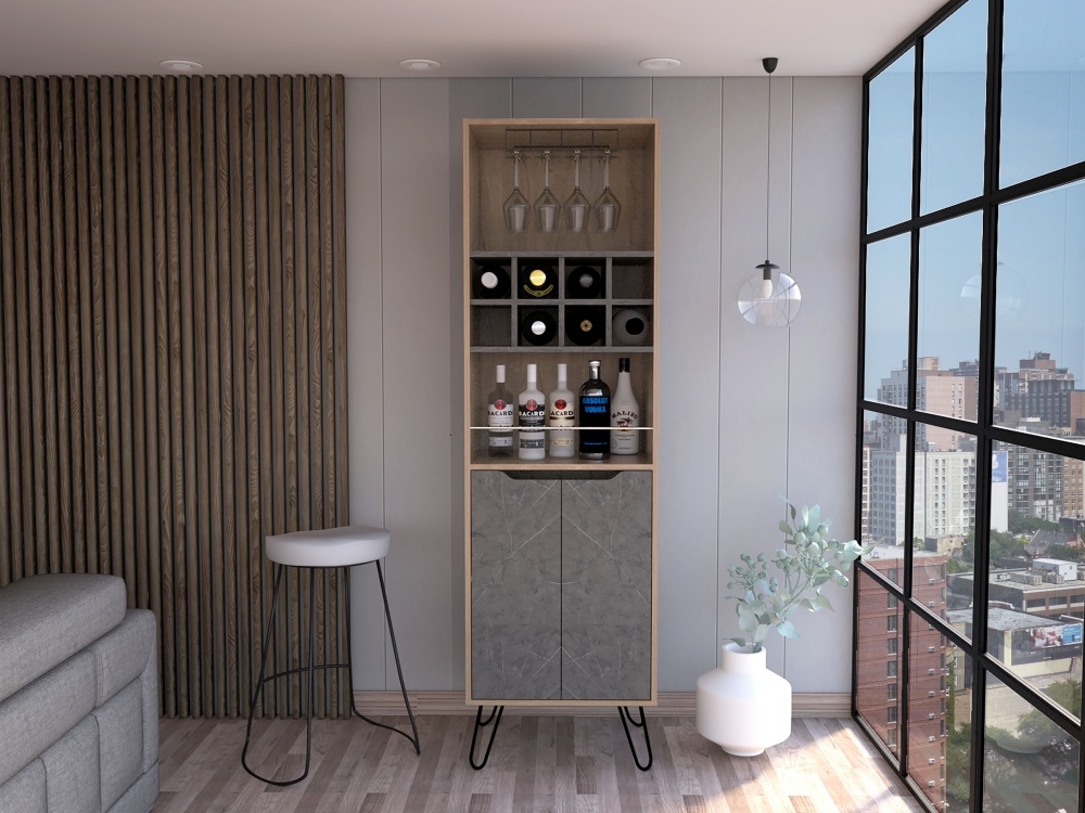 Product photograph of Manhattan Pine And Stone Effect Tall Bar Cabinet With Hairpin Legs from Choice Furniture Superstore.