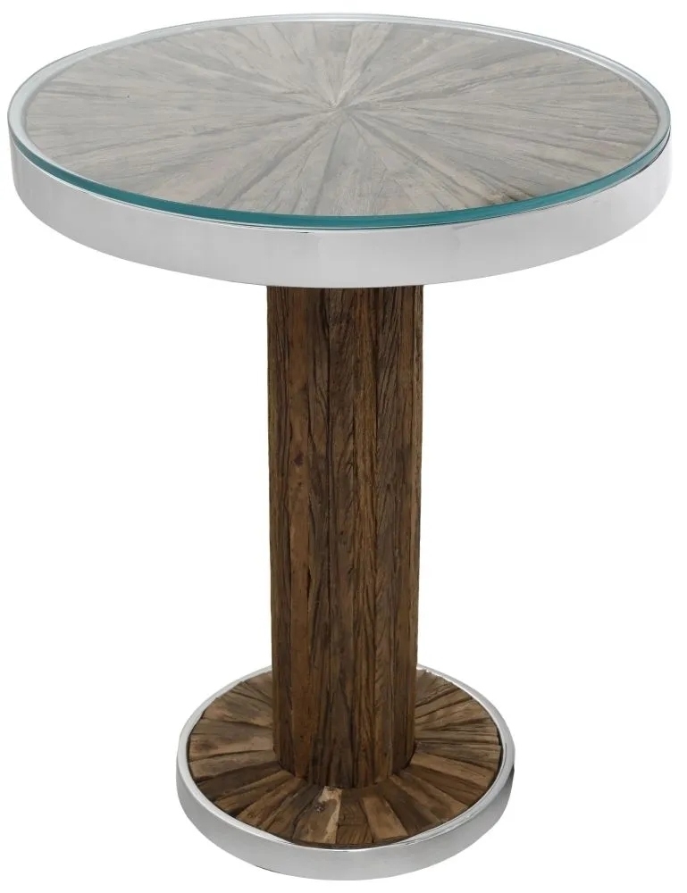 Product photograph of Railway Sleeper Side Table With Glass Top Round Column Base Made From Reclaimed Wood And Steel Trim from Choice Furniture Superstore.