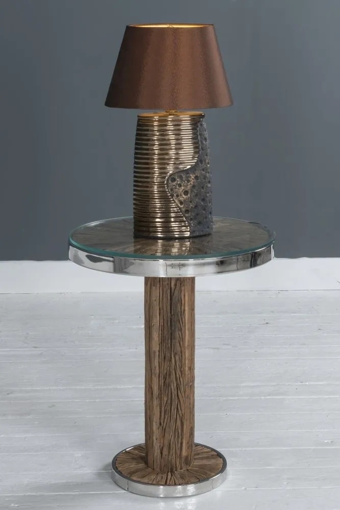 Product photograph of Railway Sleeper Side Table With Glass Top Round Column Base Made From Reclaimed Wood And Steel Trim from Choice Furniture Superstore.