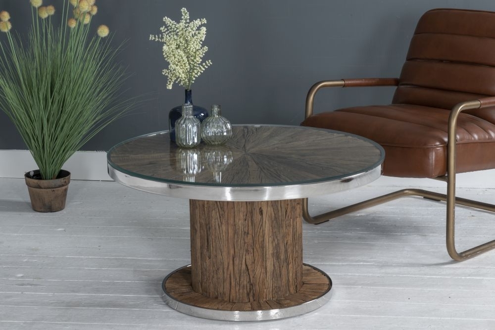 Clearance - Railway Sleeper Coffee Table with Glass Top, Round Column ...