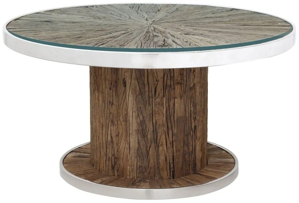 Product photograph of Railway Sleeper Coffee Table With Glass Top Round Column Base Made From Reclaimed Wood And Steel Trim from Choice Furniture Superstore.