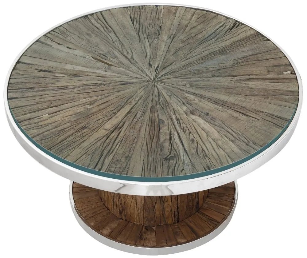 Product photograph of Railway Sleeper Coffee Table With Glass Top Round Column Base Made From Reclaimed Wood And Steel Trim from Choice Furniture Superstore.