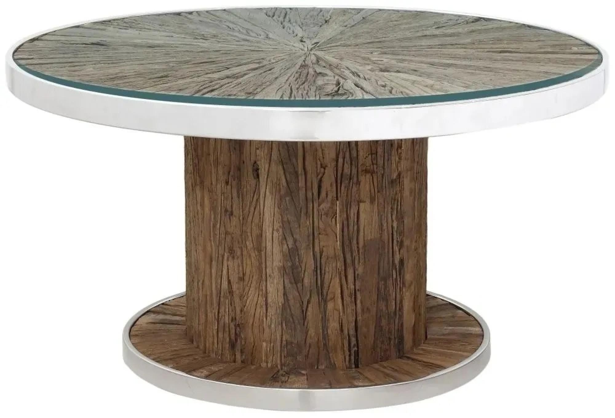 Product photograph of Clearance - Railway Sleeper Coffee Table With Glass Top Round Column Base Made From Reclaimed Wood And Steel Trim from Choice Furniture Superstore.