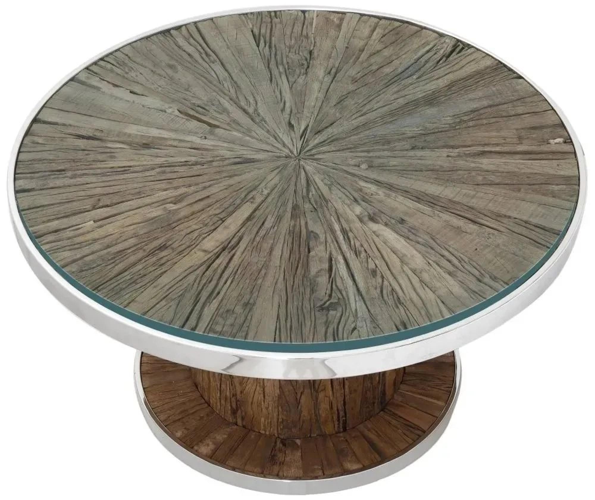 Product photograph of Clearance - Railway Sleeper Coffee Table With Glass Top Round Column Base Made From Reclaimed Wood And Steel Trim from Choice Furniture Superstore.