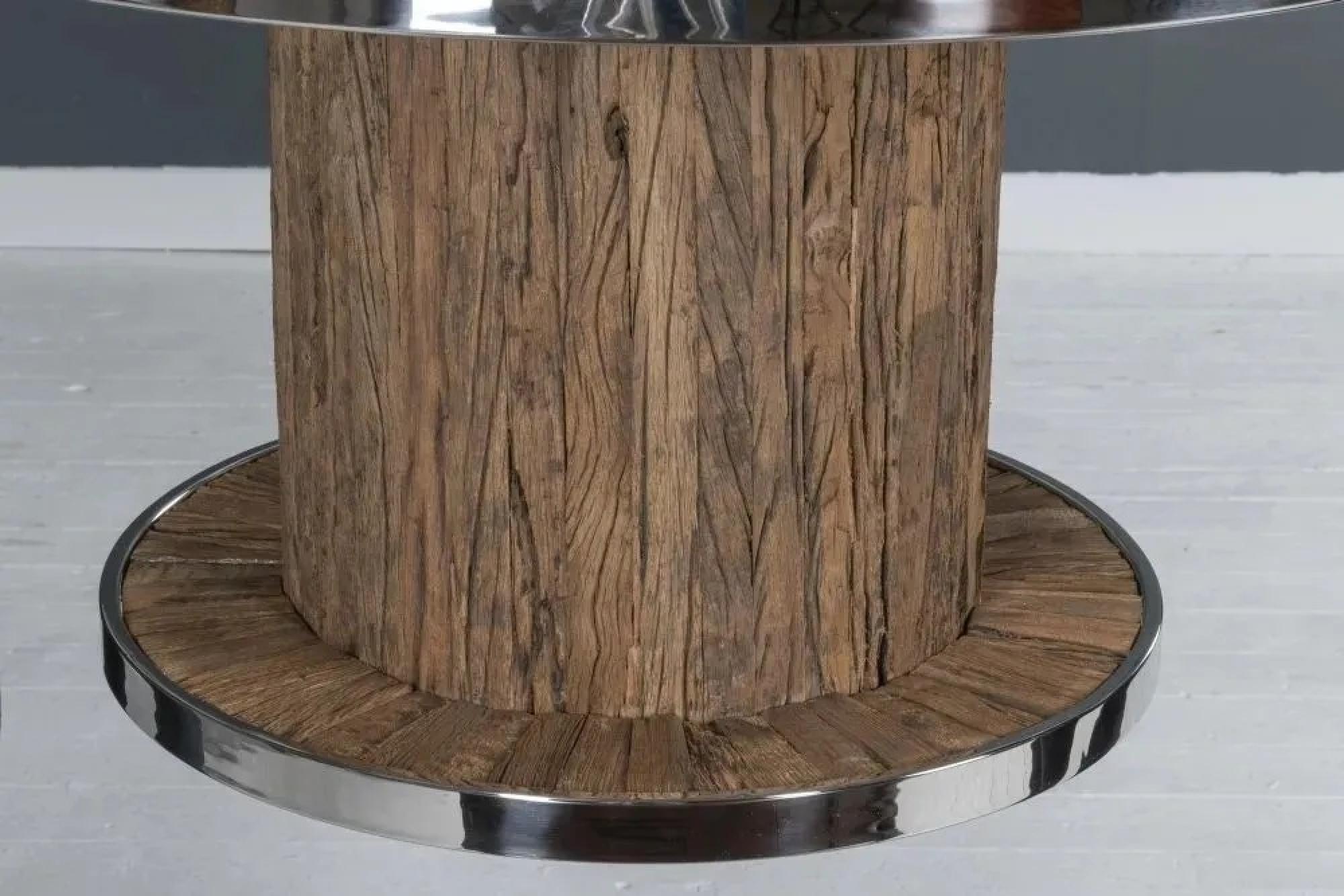 Product photograph of Clearance - Railway Sleeper Coffee Table With Glass Top Round Column Base Made From Reclaimed Wood And Steel Trim from Choice Furniture Superstore.