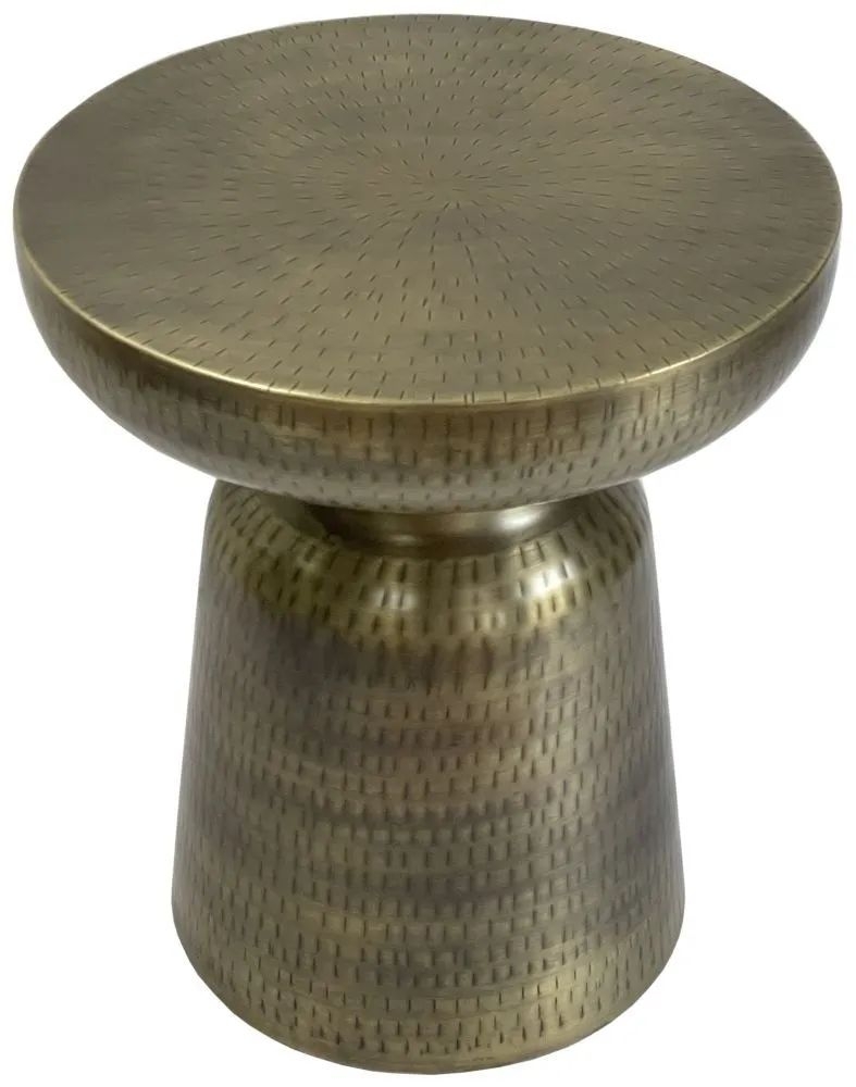Product photograph of Agra Hammered Antique Brass Side Table - Hourglass Shape With Metal Cone Base from Choice Furniture Superstore.