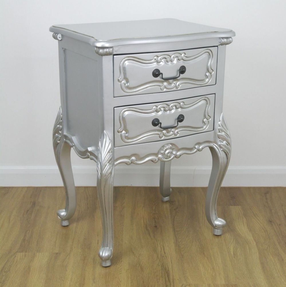 Product photograph of Horatio French Style Silver Carved Bedside Table from Choice Furniture Superstore.