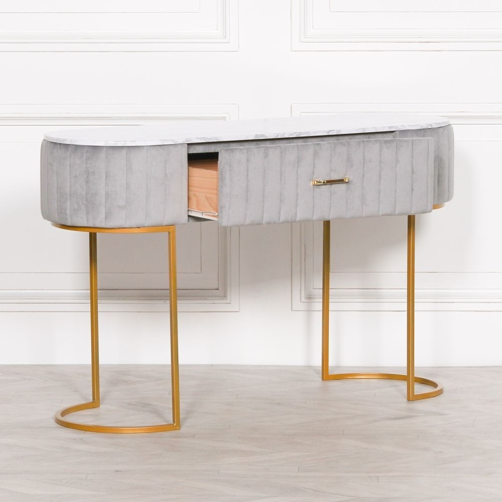 Product photograph of Velvet Upholstered Dressing Table With Marble Effect Top from Choice Furniture Superstore.