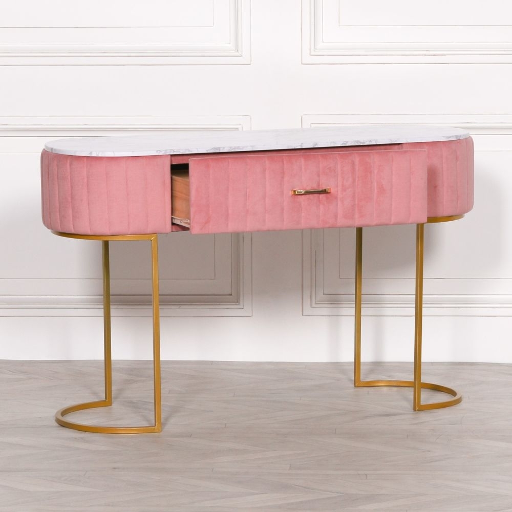 Product photograph of Pink Velvet Upholstered Pink And White Dressing Table With Marble Effect Top from Choice Furniture Superstore.