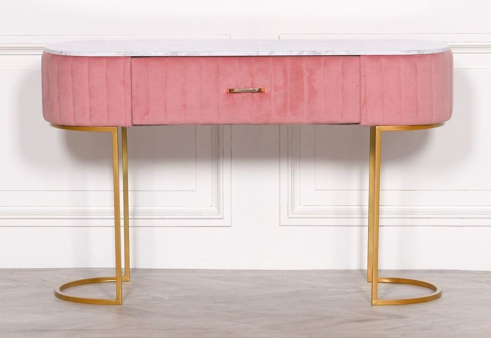 Product photograph of Pink Velvet Upholstered Pink And White Dressing Table With Marble Effect Top from Choice Furniture Superstore.