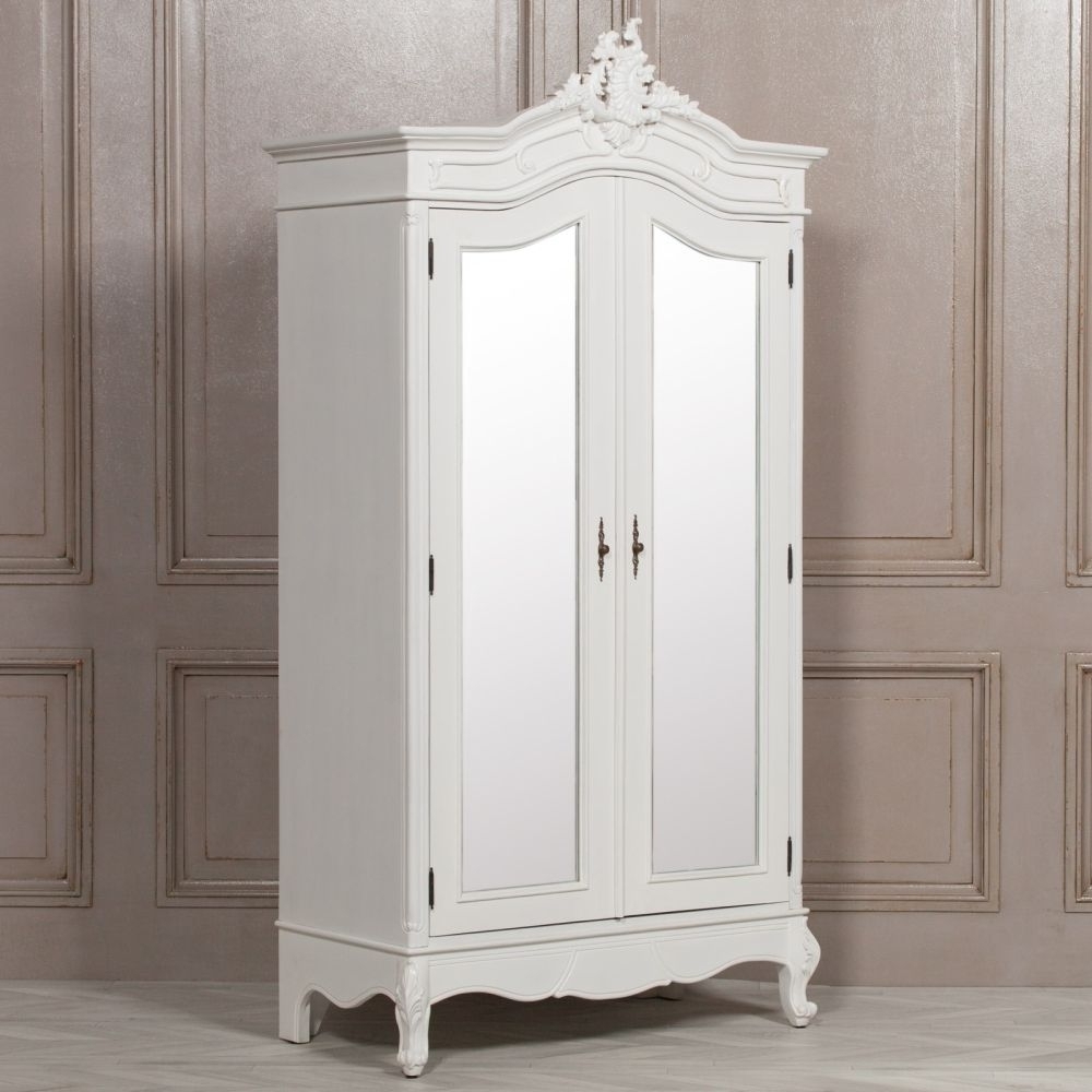 Product photograph of French Style Carved White Mirror Armoire Wardrobe - 2 Door from Choice Furniture Superstore.