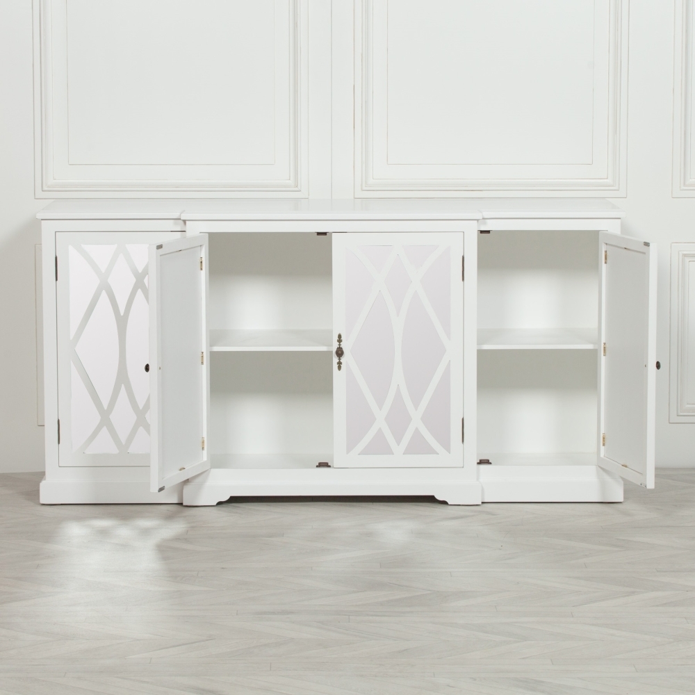 Product photograph of Jaconita White Mirrored Front 4 Door Extra Large Sideboard from Choice Furniture Superstore.