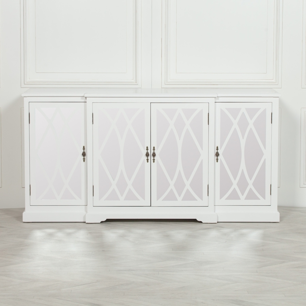 Product photograph of Jaconita White Mirrored Front 4 Door Extra Large Sideboard from Choice Furniture Superstore.