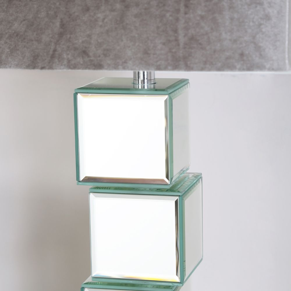 Product photograph of Block Design Mirrored Table Lamp With Grey Shade from Choice Furniture Superstore.