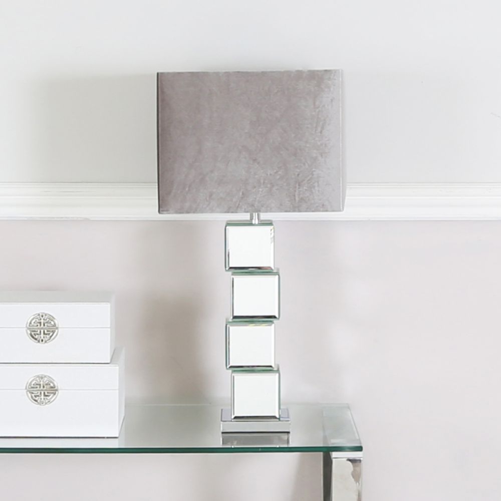 Product photograph of Block Design Mirrored Table Lamp With Grey Shade from Choice Furniture Superstore.