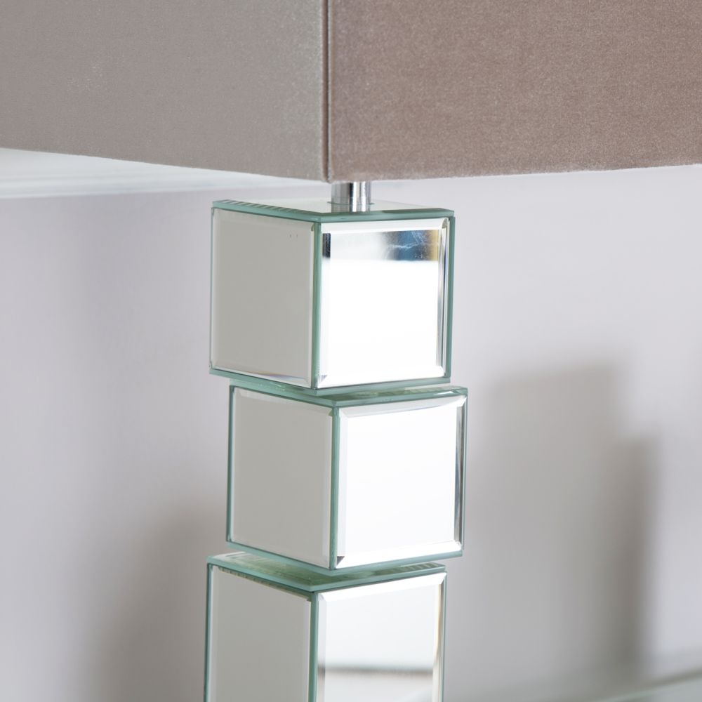 Product photograph of Block Design Mirrored Table Lamp With Champagne Shade from Choice Furniture Superstore.