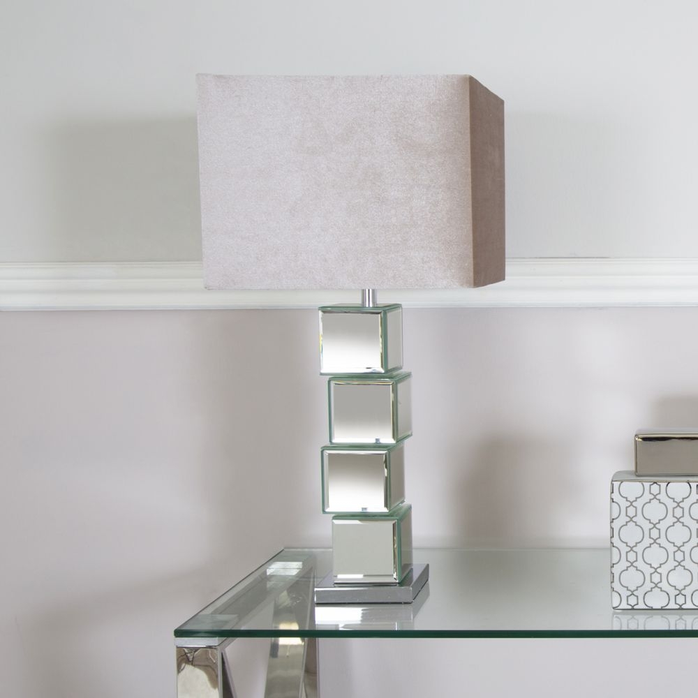 Product photograph of Block Design Mirrored Table Lamp With Champagne Shade from Choice Furniture Superstore.