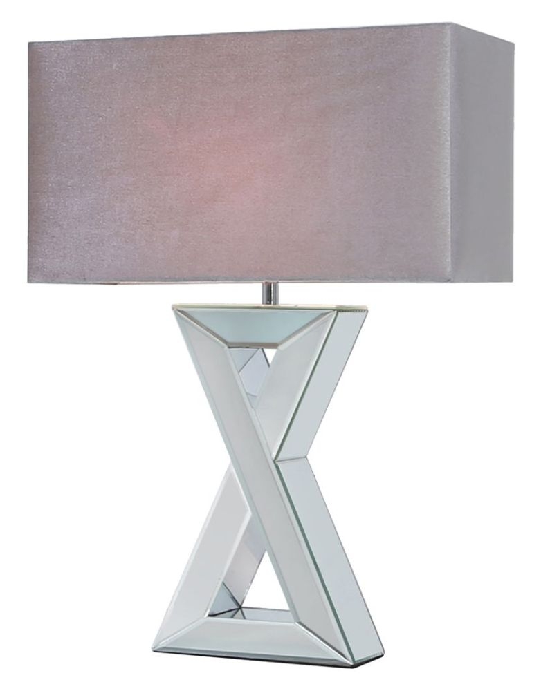 Product photograph of X Shape Mirrored Table Lamp With Grey Velvet Shade from Choice Furniture Superstore.