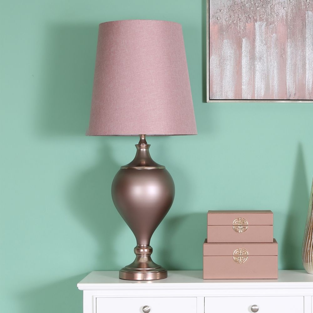 Product photograph of Rose Gold Matte Table Lamp With Blush Pink Shade from Choice Furniture Superstore.