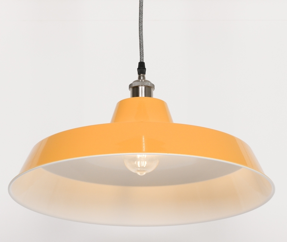 Product photograph of Factory Style 46cm Mustard Yellow Enamel Painted Pendant Light from Choice Furniture Superstore.