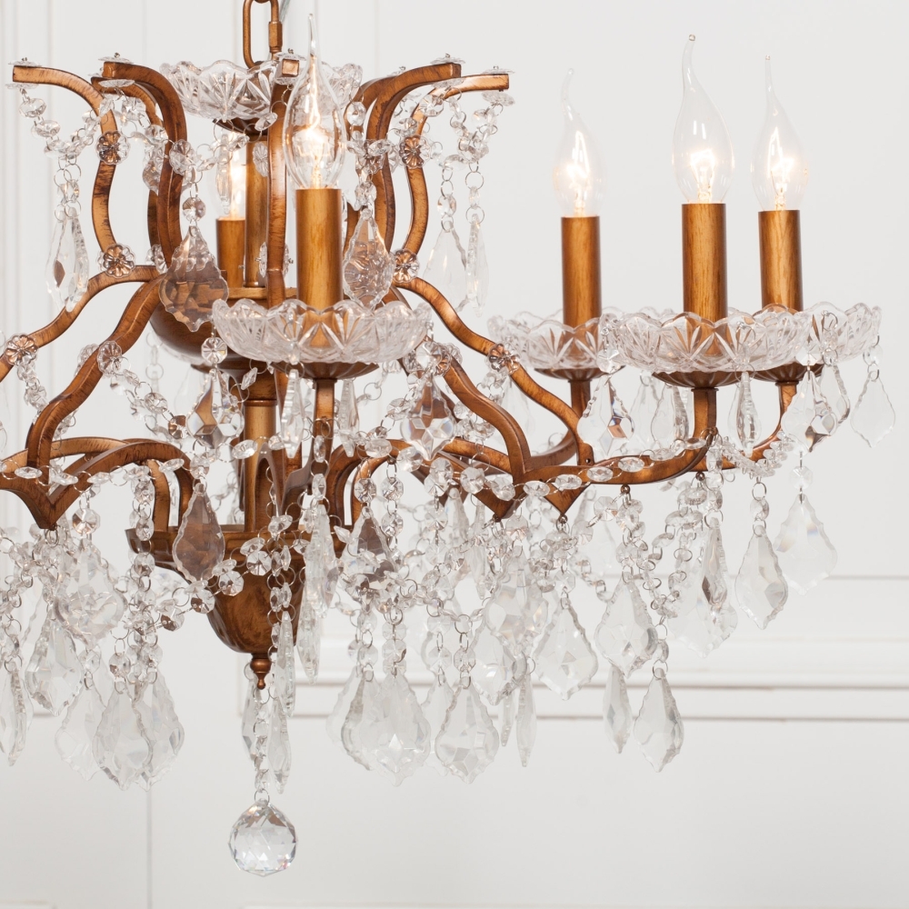 Product photograph of French Style Gold 8 Branch Shallow Cut Glass Chandelier from Choice Furniture Superstore.