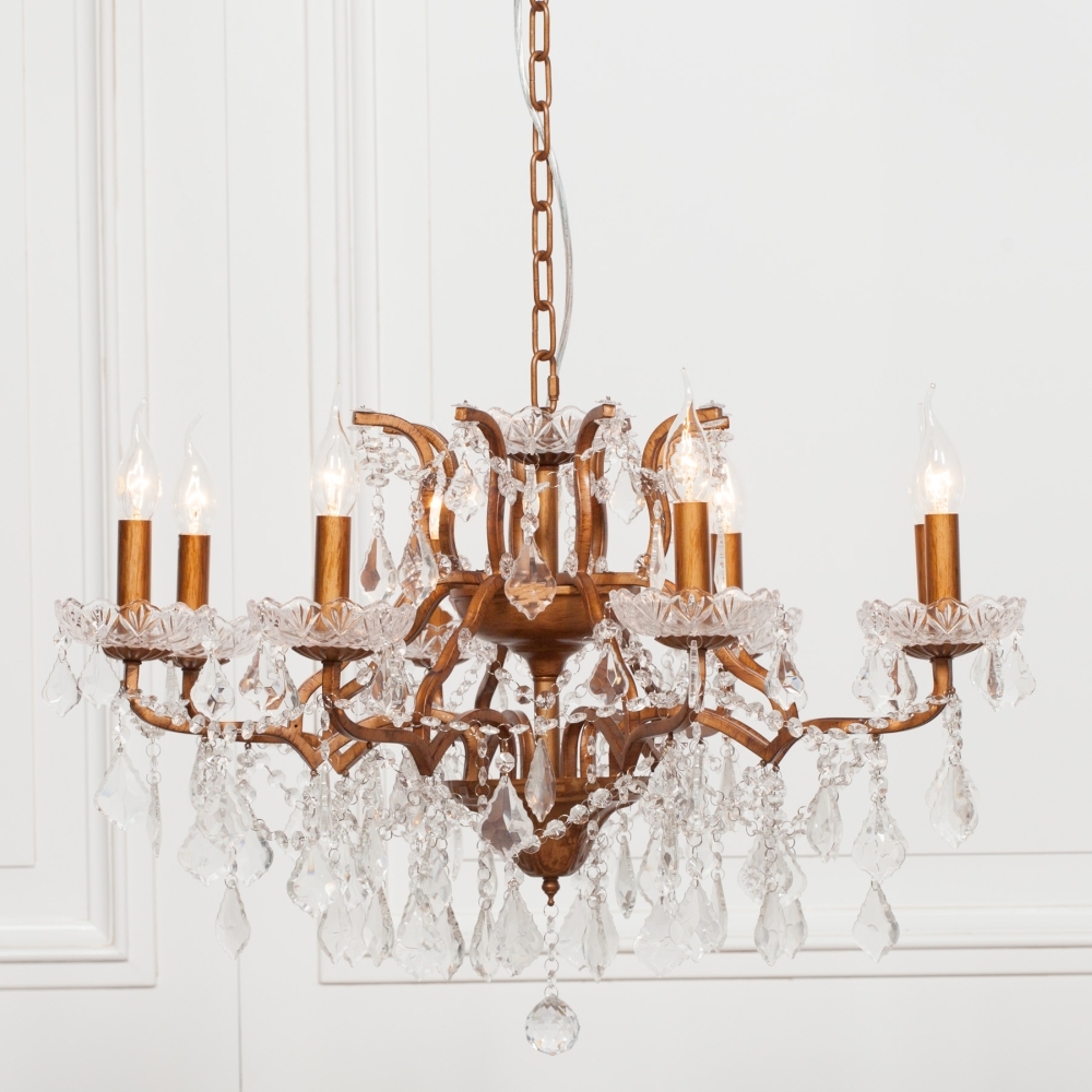 Product photograph of French Style Gold 8 Branch Shallow Cut Glass Chandelier from Choice Furniture Superstore.