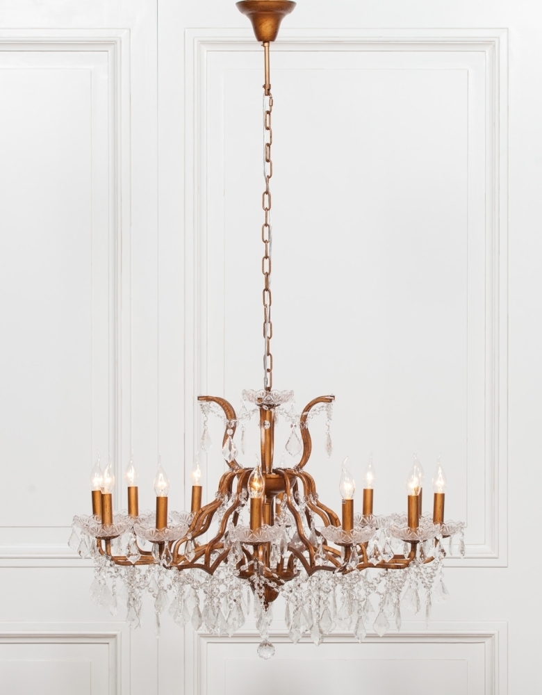 Product photograph of French Style Antique Gold 12 Branch Shallow Cut Glass Chandelier from Choice Furniture Superstore.