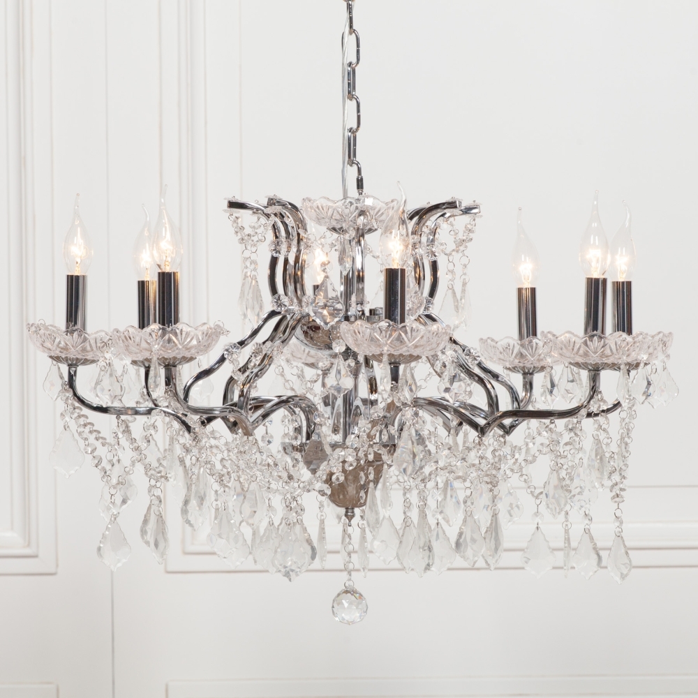 Product photograph of French Style Chrome 8 Branch Shallow Cut Glass Chandelier from Choice Furniture Superstore.