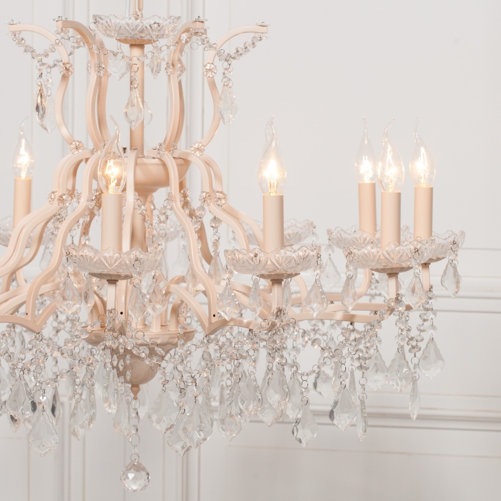 Product photograph of French Style Large Peach Cream 12 Branch Shallow Cut Glass Chandelier from Choice Furniture Superstore.