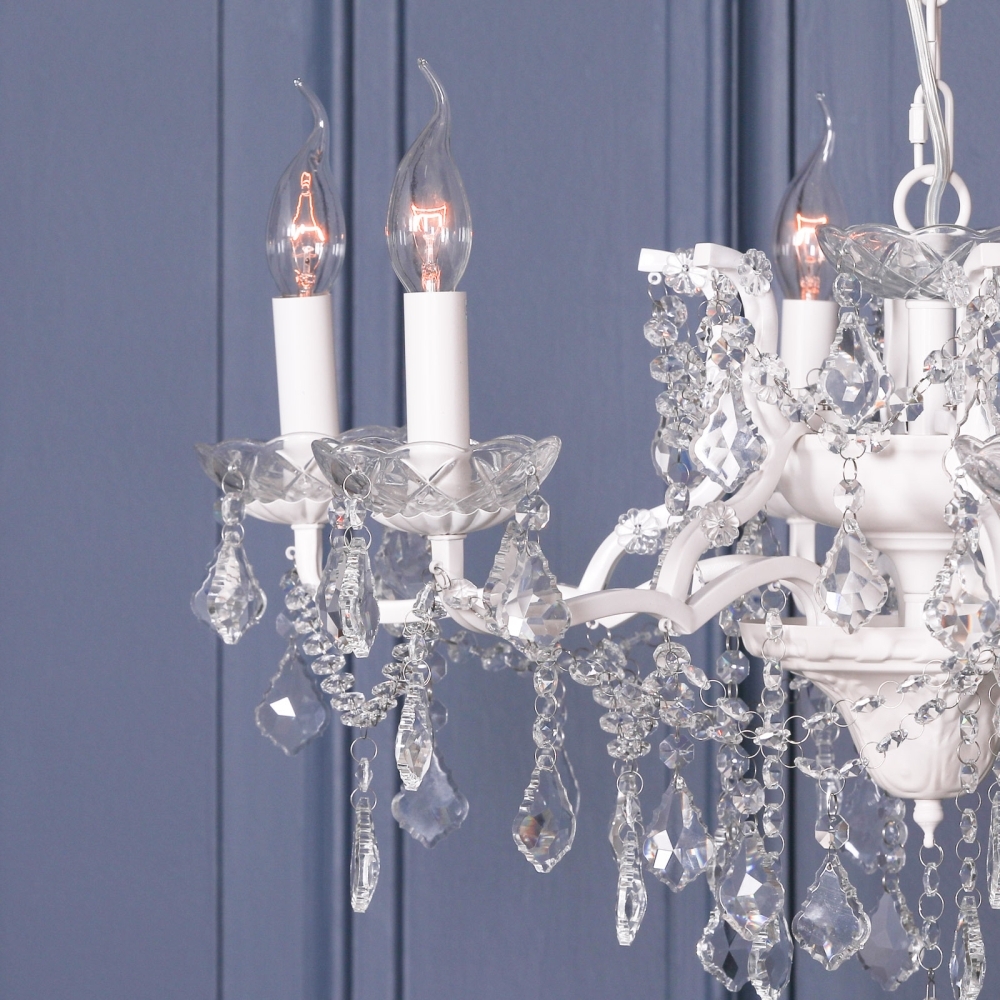 Product photograph of French Style White 6 Branch Shallow Cut Glass Chandelier from Choice Furniture Superstore.