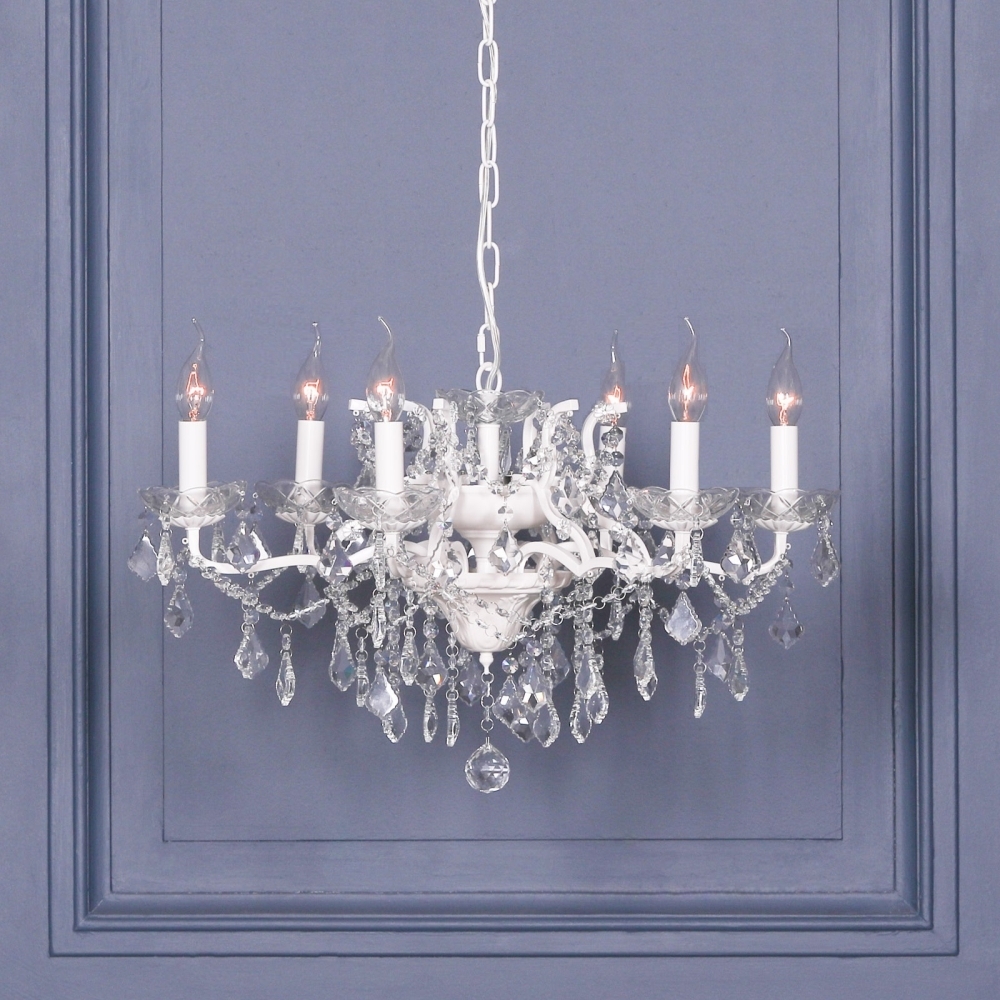 Product photograph of French Style White 6 Branch Shallow Cut Glass Chandelier from Choice Furniture Superstore.