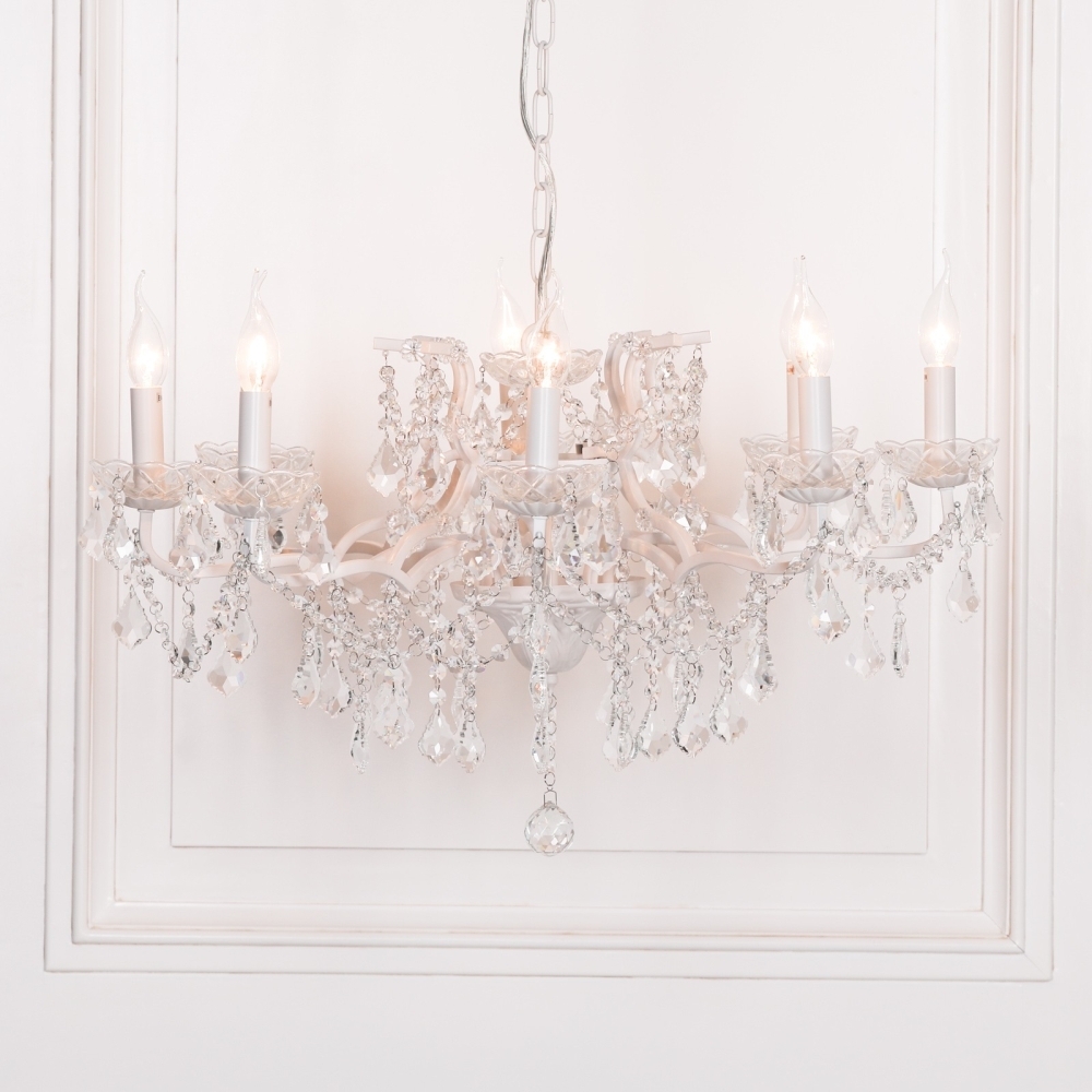 Product photograph of French Style White 8 Branch Shallow Cut Glass Chandelier from Choice Furniture Superstore.