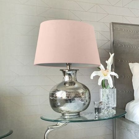 Product photograph of Nickel Plated 40cm Table Lamp With Pink Velvet Shade from Choice Furniture Superstore.