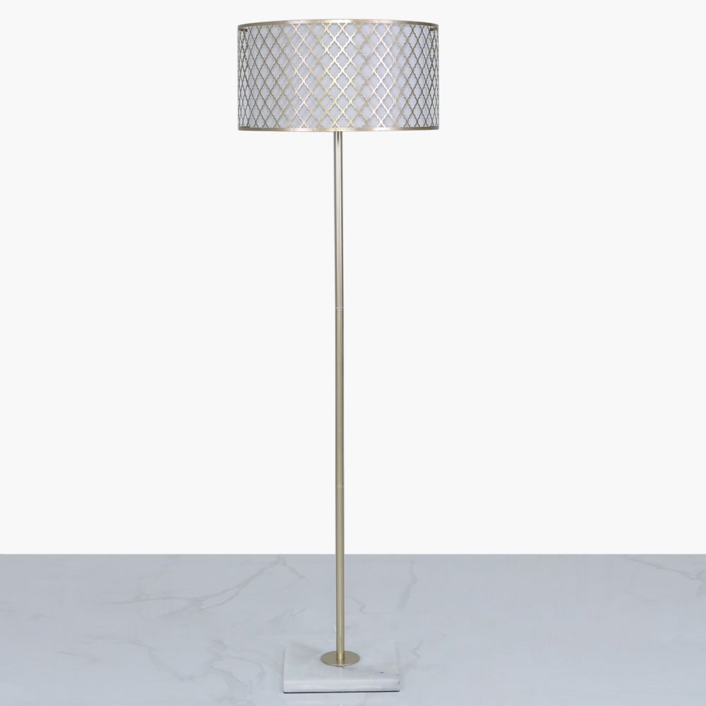 Product photograph of Gold Floor Lamp With White Shade from Choice Furniture Superstore.