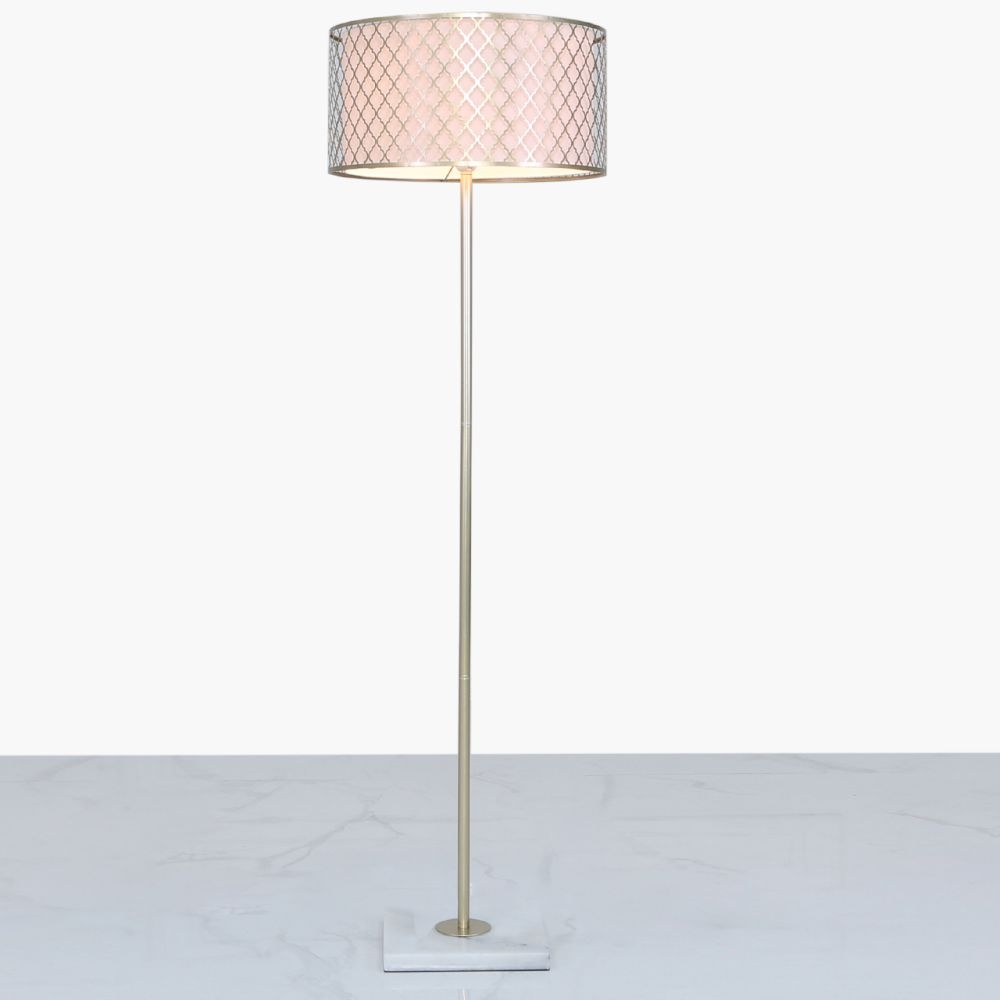 Product photograph of Gold Floor Lamp With White Shade from Choice Furniture Superstore.