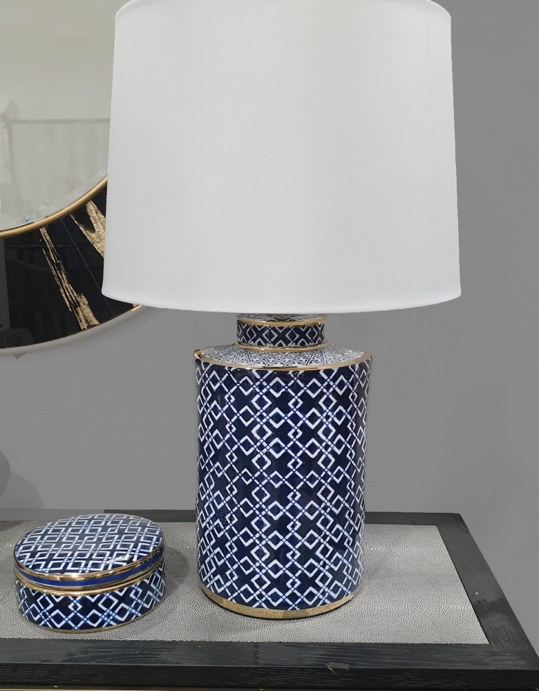 Product photograph of Mindy Brownes Marseille Blue And White Geometric Table Lamp from Choice Furniture Superstore.