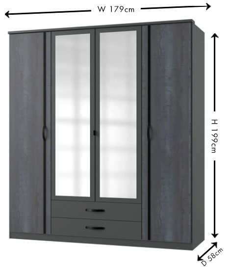 Product photograph of Duo2 4 Door Combi Wardrobe German Made Graphite Mirrored Front Four Door Wardrobe from Choice Furniture Superstore.