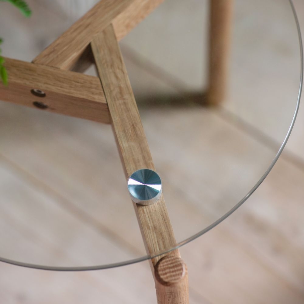 Product photograph of Blair Glass And Natural Oak Round Side Table from Choice Furniture Superstore.