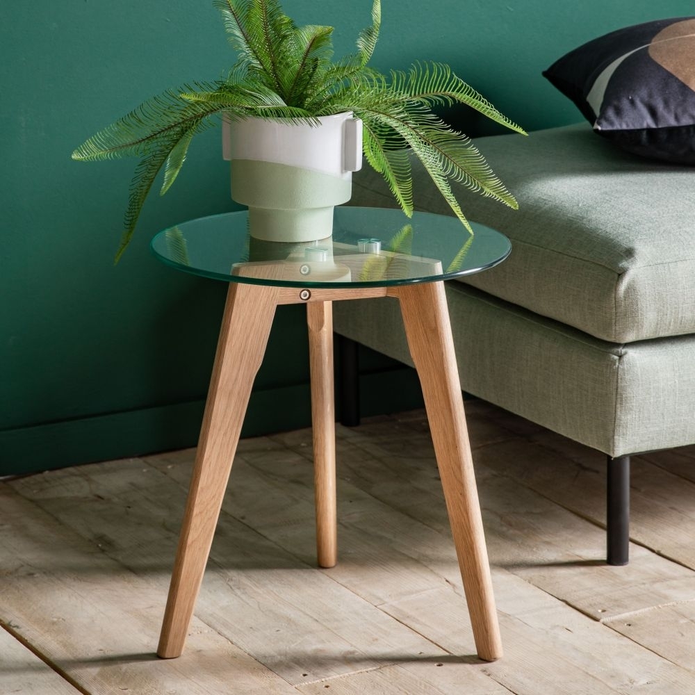 Product photograph of Blair Glass And Natural Oak Round Side Table from Choice Furniture Superstore.