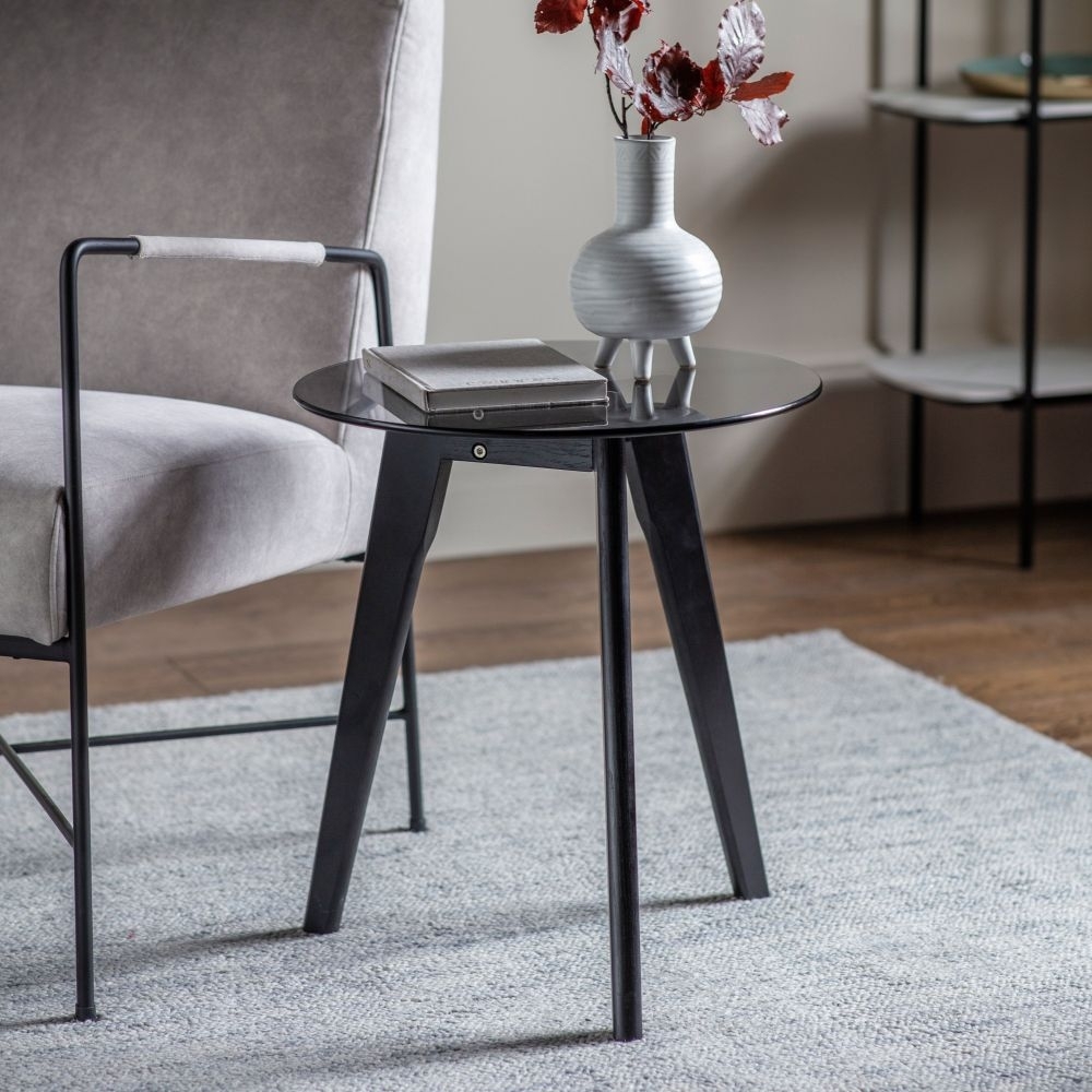 Product photograph of Blair Glass And Black Oak Round Side Table from Choice Furniture Superstore.