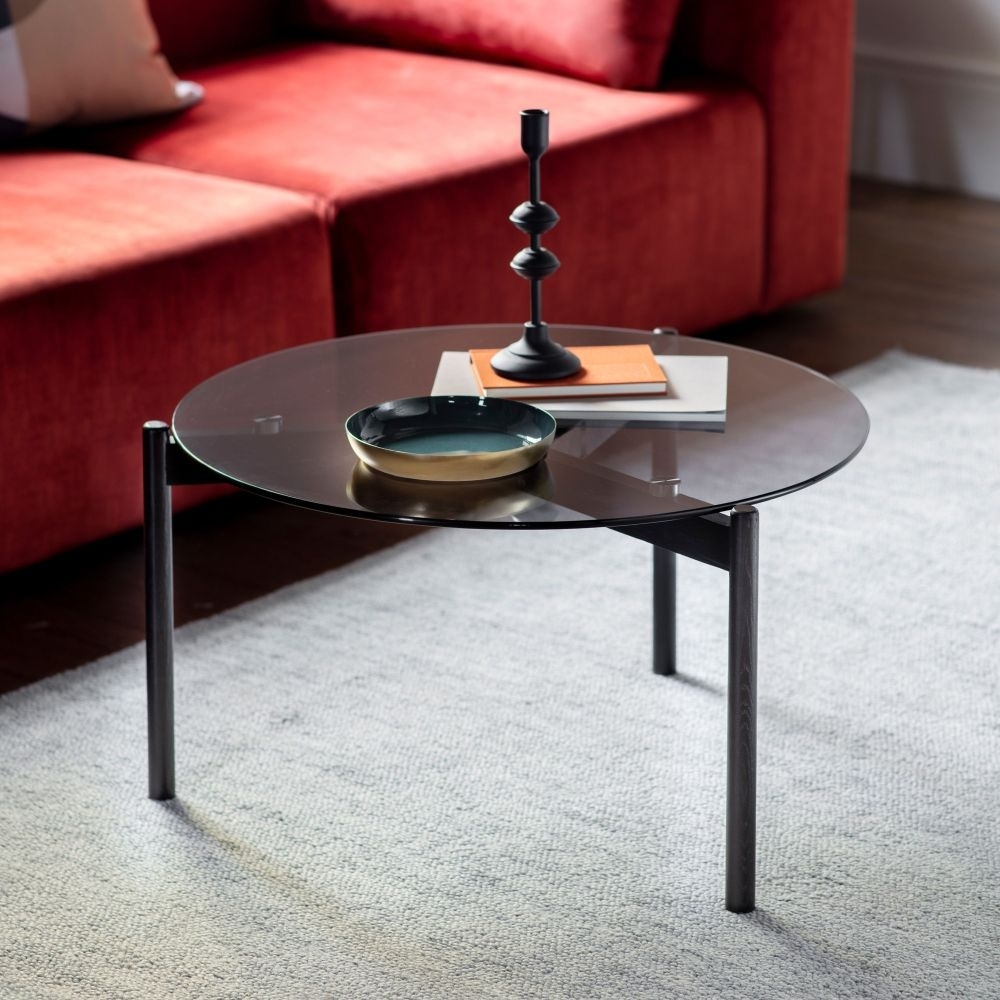 Product photograph of Moran Black Oak And Glass 70cm Round Coffee Table from Choice Furniture Superstore.