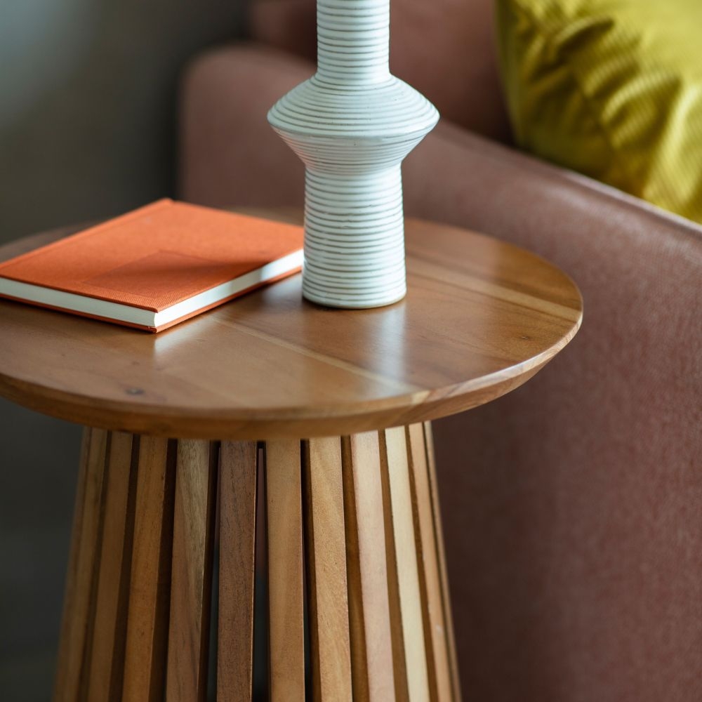 Product photograph of Brookland Acacia Wood Round Side Table - Pedastal Slatted Base from Choice Furniture Superstore.