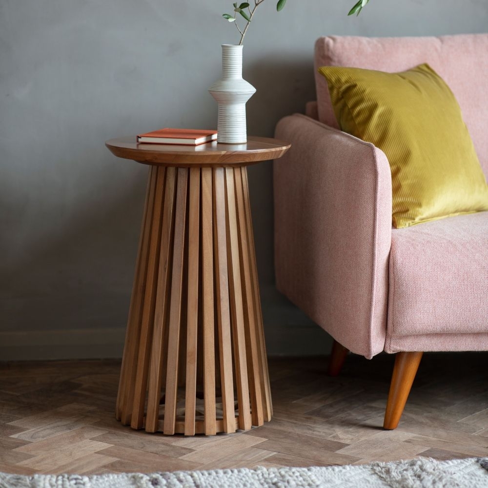 Product photograph of Brookland Acacia Wood Round Side Table - Pedastal Slatted Base from Choice Furniture Superstore.