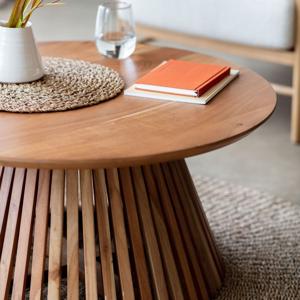 Product photograph of Brisbane Acacia Slatted Wooden Pedestal Coffee Table from Choice Furniture Superstore.