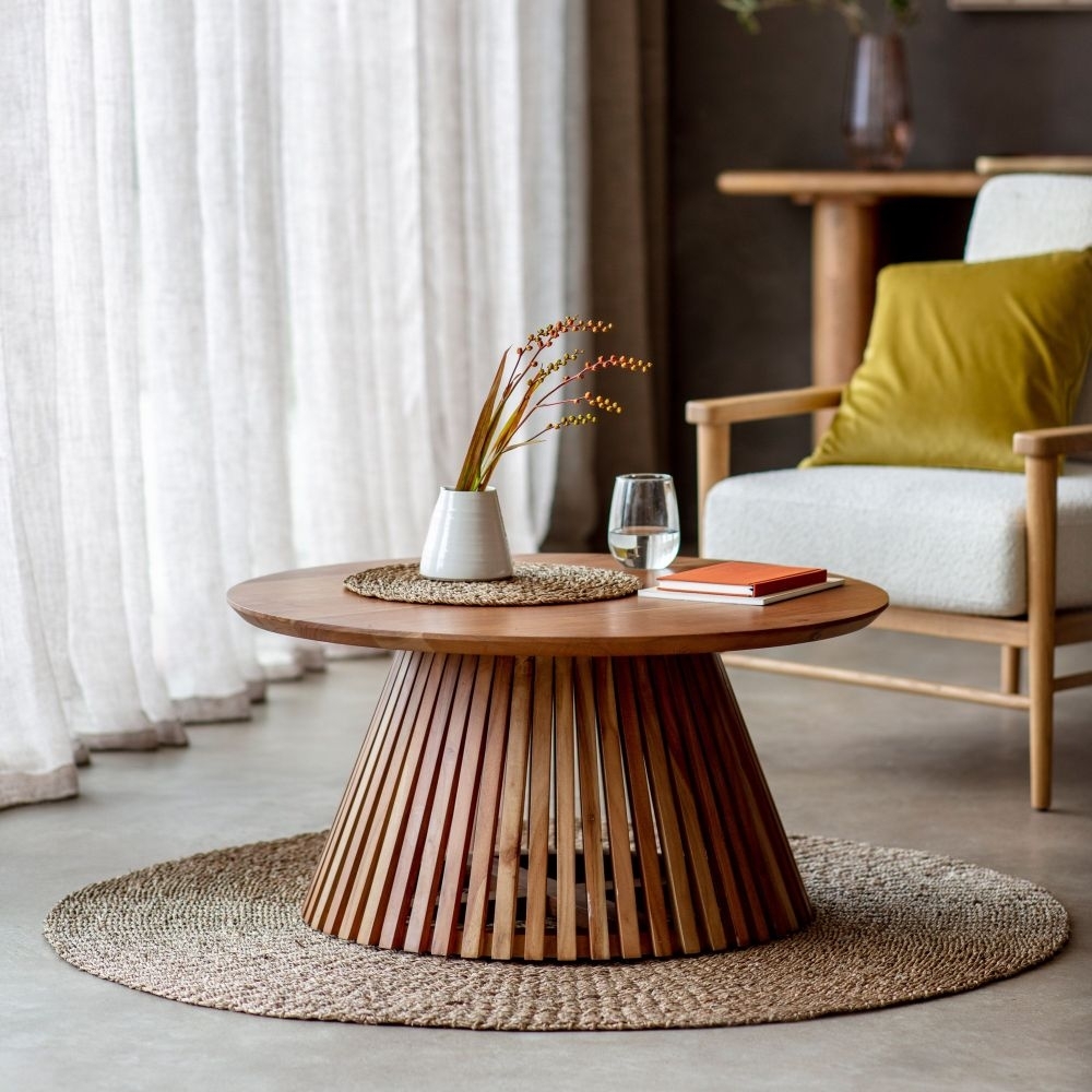 Product photograph of Brookland Acacia Slatted Wooden Pedestal Coffee Table from Choice Furniture Superstore.